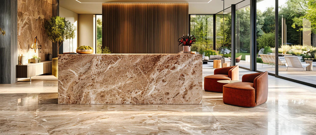 Breccia Paradiso marble slab desk and tile floor