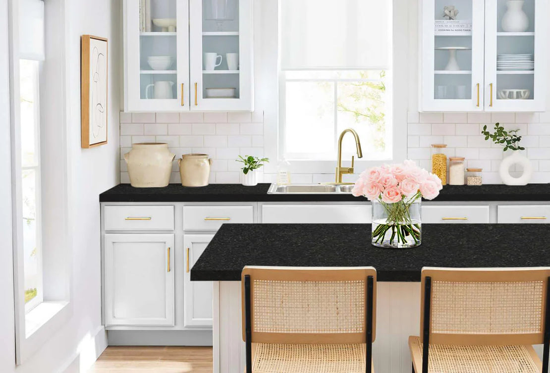 White Subway 3x6 tile used as kitchen backsplash with Absolute Black Granite countertops